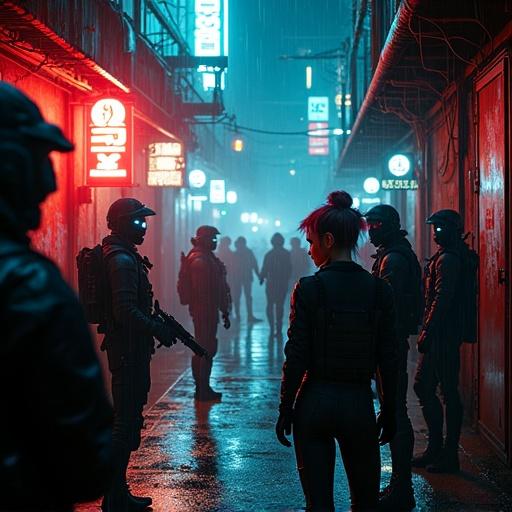 Cinematic scene depicting a rainy night in a cyberpunk city. Neon lights glow and reflect off wet asphalt. Armed mercenaries in tactical gear gather around a woman in cyberpunk attire. She has red hair and holds a futuristic silenced pistol. Some wear cybernetic masks and glowing visors. Tension fills the air. Neon signs in kanji, rusted metal structures, tangled wires around. Holograms flicker in the background. Sparks from barrel fire light faces. Graffiti and urban decay on walls. Vivid lighting contrast, volumetric fog, highly detailed, moody atmosphere, concept art style.