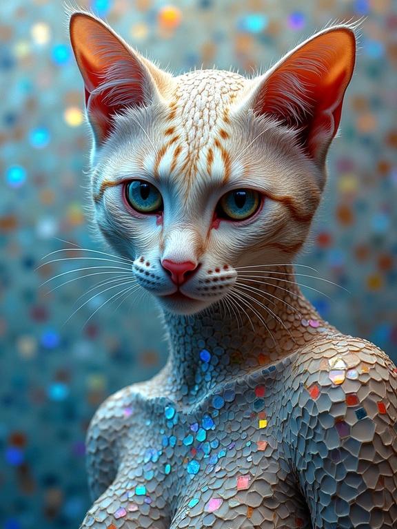 Masterpiece multi-layered ceramic tile and glass mosaic. Ethereal 3D cat-themed figure. Iridescent, abstract, mixed media. Hyperdetailed and close-up view.