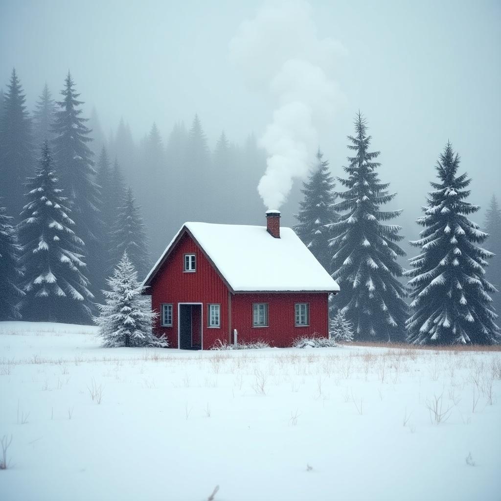 Cottage in snowy field surrounded by tall evergreens. Smoke rising from chimney over deep snow.