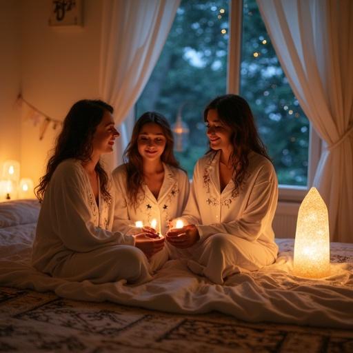 Inside a softly lit room at night three friends enjoy time together wearing textured silk and linen pajamas. Their outfits feature embroidery depicting stars and moons. Glowing crystals and tiny lights illuminate the space with a mystical ambiance. A starry sky and moonlight shine through the window while calm expressions display a bond. Rugs with magical circles and decorative elements enhance the sacred feel of the gathering.