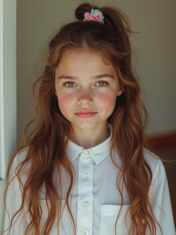 Lily has long wavy hair in a messy ponytail with a colorful scrunchie. She has bright hazel eyes and freckled cheeks. Wears a crisp white blouse. The image has a soft focus and vibrant colors.