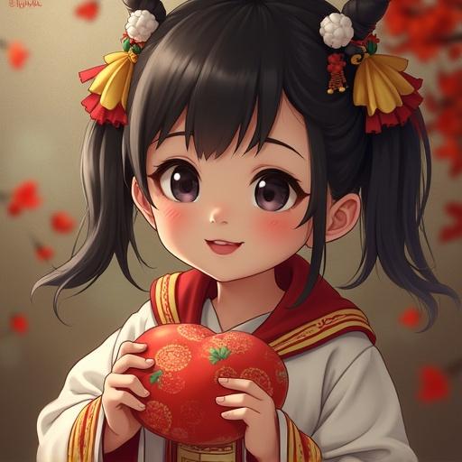 A mature long-haired Chinese girl wearing a graduation cap. She is holding a red tomato and has a cheerful expression. The style is cartoonish and colorful.