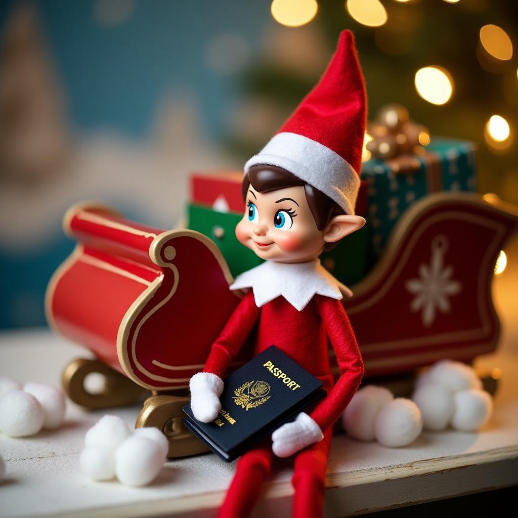 An elf on the shelf with a medium skin tone sits at a North Pole airport, preparing to board Santa's sleigh. The elf is cheerfully holding a passport in one hand. In the background, a beautifully decorated sleigh filled with presents is visible. Cotton balls scattered around simulate fake snow, adding to the winter theme. The lighting exudes a warm and festive glow, enhancing the holiday spirit.