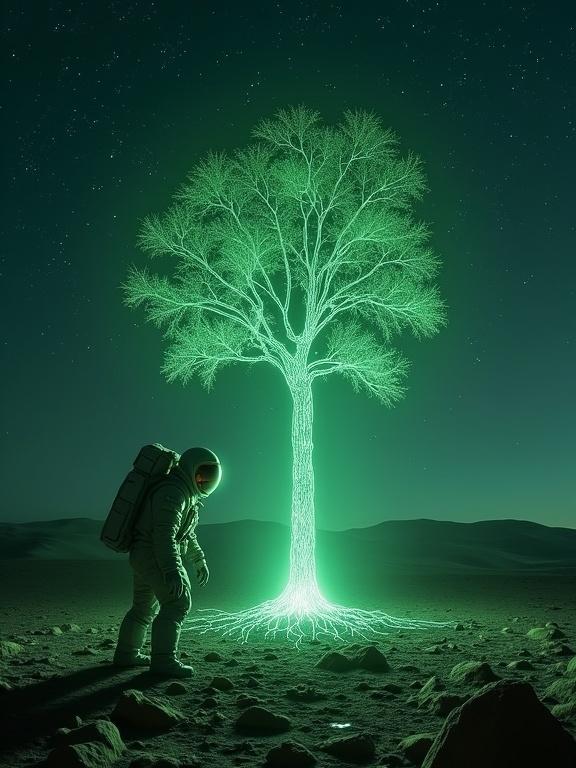 Astronaut plants a seed in a glowing lunar desert. Soil emits emerald green light. Roots of light form a fractal tree. Braches reach skyward connecting to constellations. Meteor shower provides silvery illumination.
