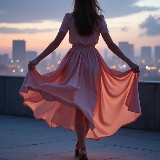 A woman twirls in a blush-pink satin skirt on a rooftop. City lights glow softly in the background. The fabric drapes fluidly, catching the light in waves. A gentle breeze lifts the hem, creating an ethereal effect.