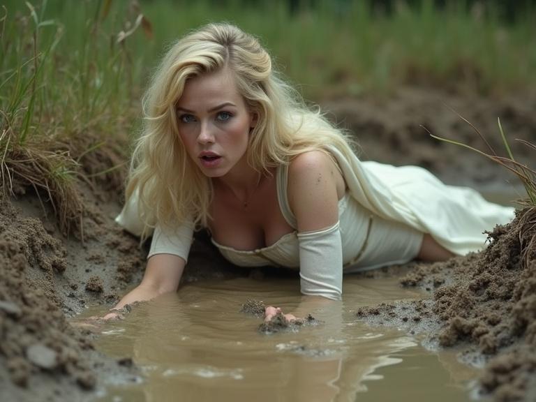 A blonde woman in a white corset costume crawls in muddy quicksand. The scene is filled with urgency and drama. The background shows natural, boggy terrain with grass and decaying debris. She appears fearful yet determined as she sinks deeper.