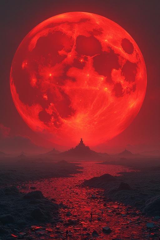 A red moon hangs in the night sky over a vast land. The ground is covered with broken glass. In the distance, many armies are seen gathering. The scene conveys a dark and surreal atmosphere.