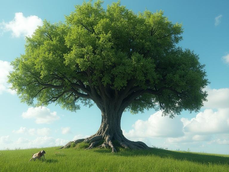 A large, lush tree in a grassy field with a dog nearby. The tree is vibrant with green leaves set against a bright blue sky with fluffy white clouds.