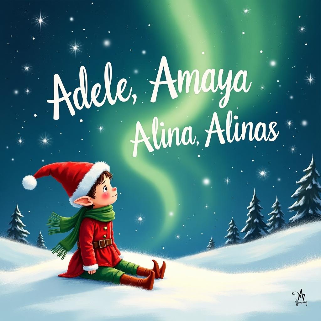 This whimsical image features an elf sitting in the snow, gazing up at the sky. The northern lights dance beautifully above, illuminating the snowy landscape. In the sky, the names Adele, Amaya, and Alina are written in a playful, festive font. The scene captures the magic of Christmas, combining holiday charm with a sense of wonder. This artwork is perfect to evoke the holiday spirit and celebrate family traditions during the festive season.