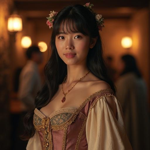 Ultra-realistic portrait of a young medieval European townswoman. She has subtle East Asian features. Porcelain fair skin with a gentle pink blush. Large warm brown eyes with kindness. Soft inviting smile. Long dark hair with gentle waves and blunt bangs. Luxurious medieval-inspired noble dress made of rich silk-blend and fine linen. Dress in muted jewel tones with delicate gold embroidery. Fitted corset bodice emphasizing figure. Sweetheart neckline with semi-sheer lace. Layered skirt with high side slits. Confident pose in a dimly lit medieval tavern. Warm atmospheric lighting enhances beauty.