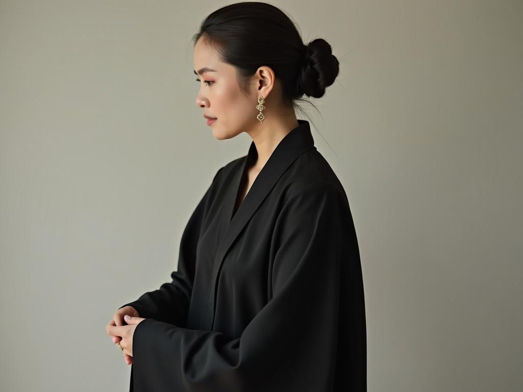 A woman is standing in profile, dressed in traditional black clothing. The photo captures her elegant pose against a neutral background that highlights her attire. Soft lighting enhances her features while emphasizing the flowing lines of her dress. The simplicity of the backdrop allows the viewer to focus on her graceful demeanor. The overall aesthetic conveys a sense of calm and sophistication.