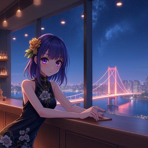 Anime-style lady leans on bar counter in high-rise lounge. Large panoramic window reveals city view at night. Lady has violet hair with golden rose ornament, wears black dress with floral patterns. Background shows liquor bottles and brightly lit bridge.