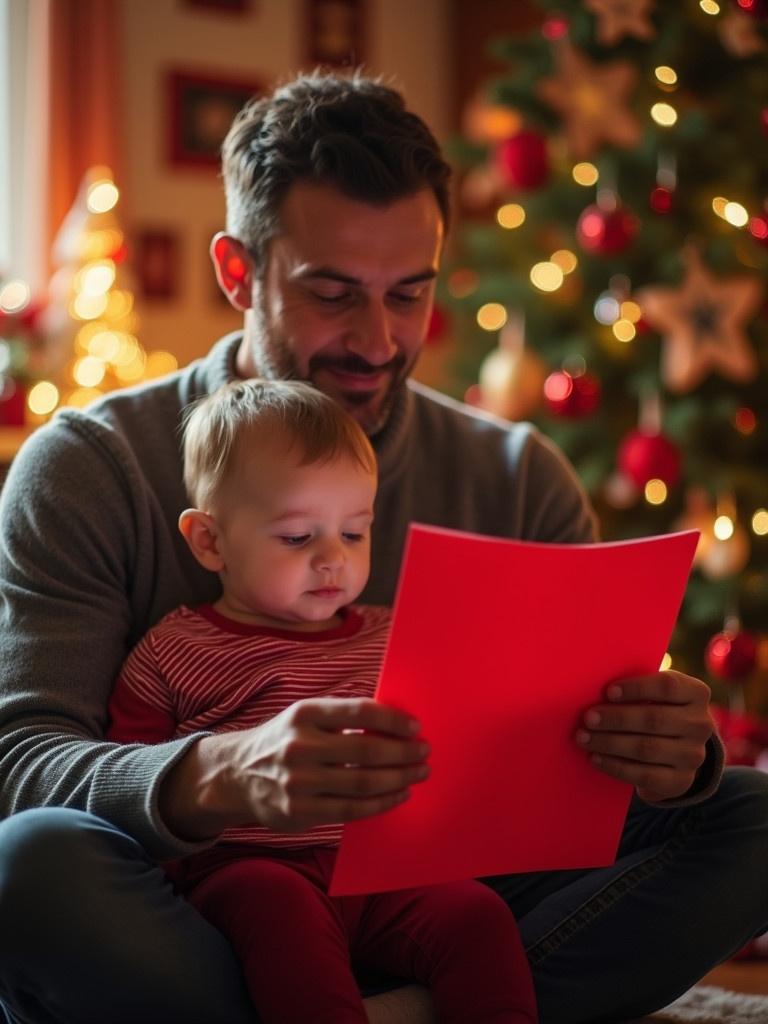 Father reads red paper held by baby. Background has Christmas tree with decorations and lights. Scene feels warm and cheerful for the holiday season.