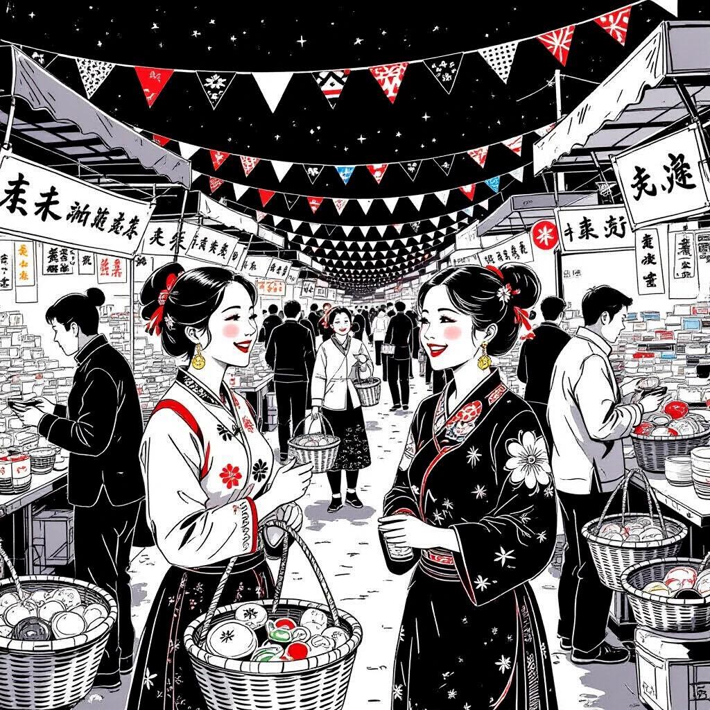 This is a black and white style illustration depicting a lively market scene. Several individuals in traditional attire are interacting. One woman smiles as she talks to another, surrounded by baskets filled with items. The background shows others engaged in conversation or trading, creating a lively atmosphere. A string of triangular flags hangs overhead, enhancing the festive vibe. The overall mood is warm and vibrant, showcasing the bustling and lively nature of a traditional market.