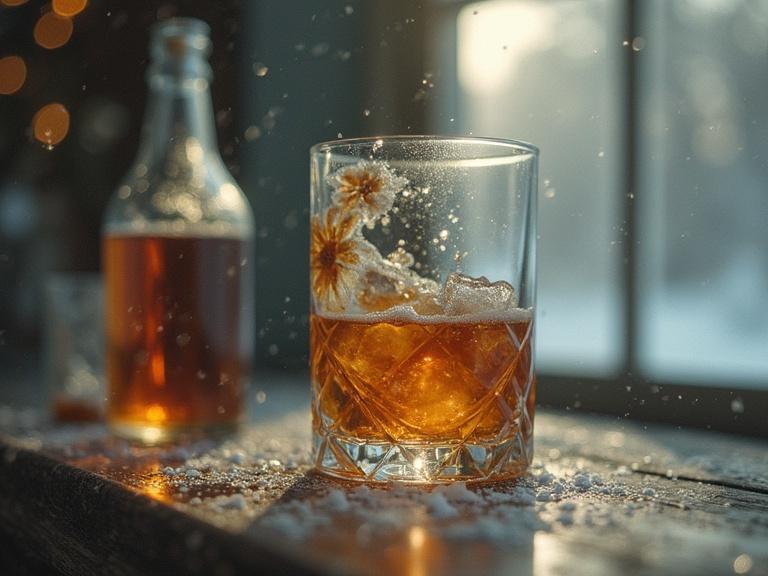 A glass of cocktail filled with ice and flower garnish rests on a wooden surface. A bottle of the same drink is in the background. Snowflakes are gently falling around. Warm sunlight filters through a window, creating a cozy atmosphere.