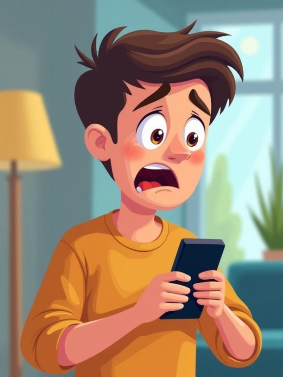 Worried young person looks at smartphone with an anxious face in a modern room. Cartoon style. Empty hands, showing distress about missing phone.