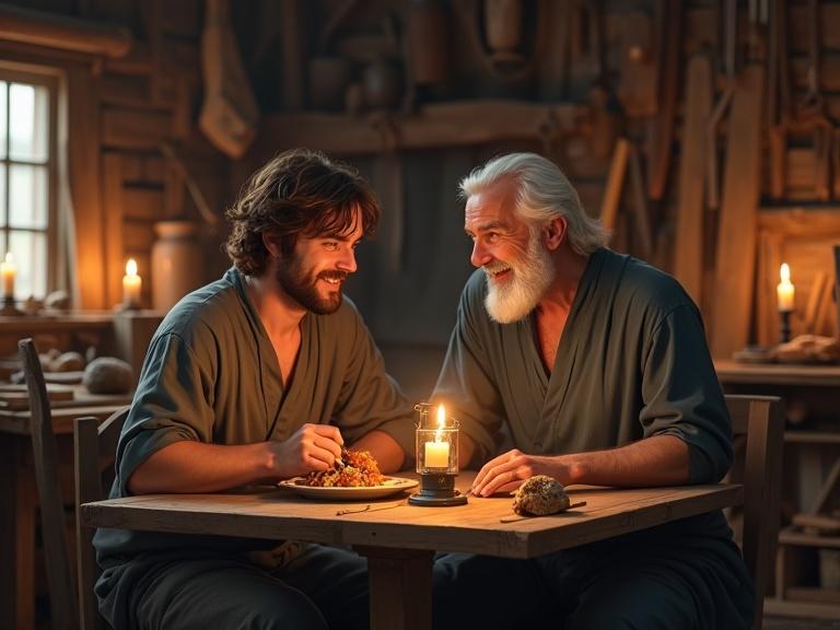 A young male with brown hair and blue eyes shares a meal with an older male with a beard at a small dining table. They are in a rustic wooden workshop illuminated by candles and an oil lantern. Carpentry tools are seen around them. Both wear simple tunics and are smiling, creating a tranquil atmosphere.