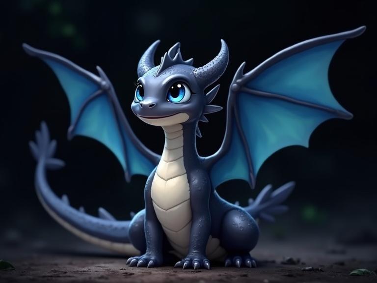 A cute blue dragon with gray and white scales. Large blue eyes shine joyfully. Both wings are fully spread. Dragon appears friendly while it breathes. Dark background enhances the character's features.