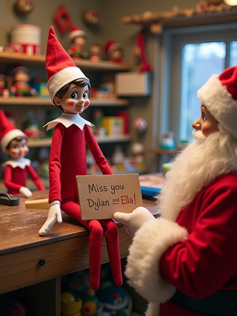 Elf on the shelf sits at a table. Elf wears a red outfit. Elf holds a sign. Sign says 'Miss you Dylan and Ella'. Santa Claus stands nearby. Workshop is filled with toys. Elves are working around the room.