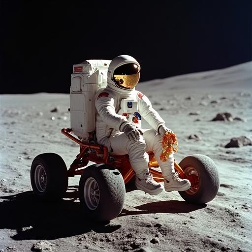 Historical image of a young woman astronaut on the moon. She is riding a lunar roving vehicle wearing an A7LB extravehicular mobility unit spacesuit. The setting is the lunar landscape.