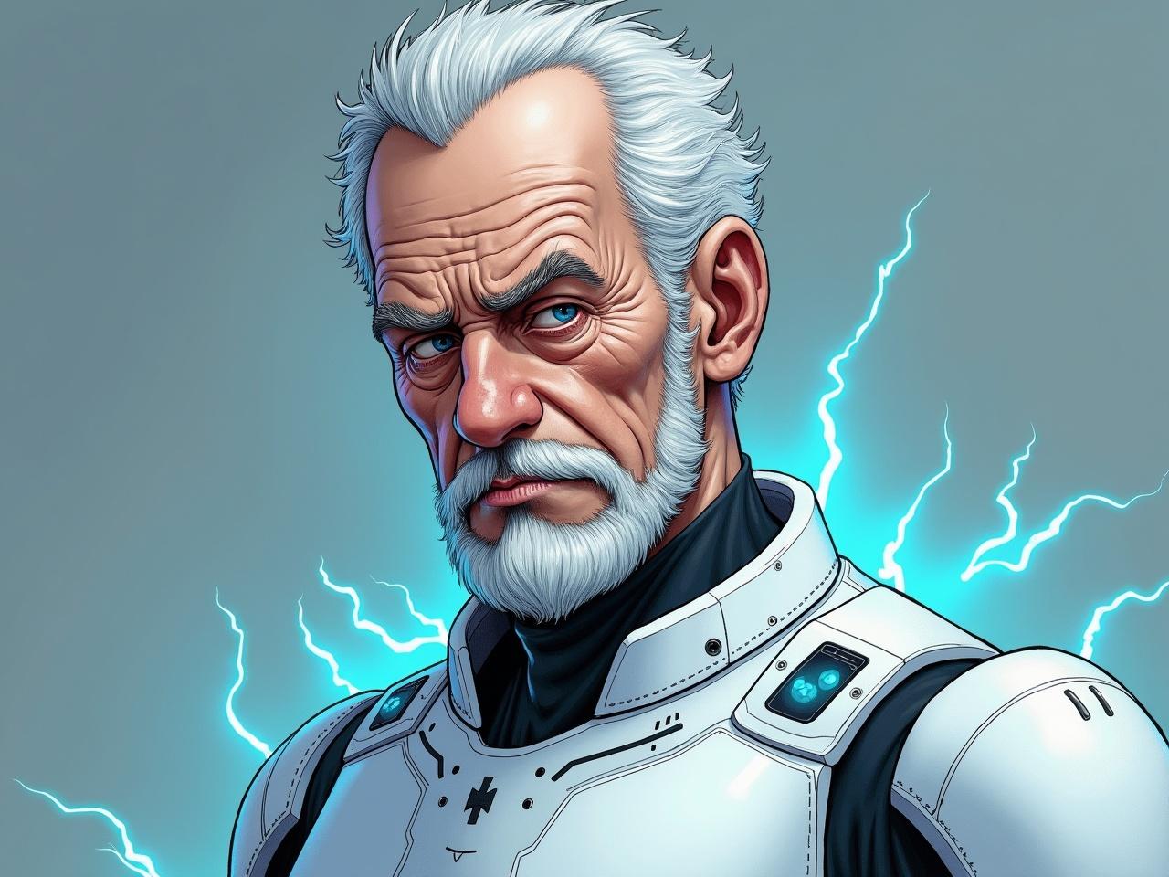 The image depicts an elderly Englishman in his nineties. He has striking white hair and a beard, embodying wisdom and experience. Despite his age, he appears youthful due to medical care and cosmetic procedures. His blue eyes and prominent cheekbones reveal his old age, accentuated by thinness and wrinkles. Dressed in a full-body white techno suit, the suit features glowing electric blue lines for both speed and protection. The design includes reinforced sections and a wrist device for communication and medical scanning. The art style is reminiscent of comics, capturing a mix of realism and stylized features.