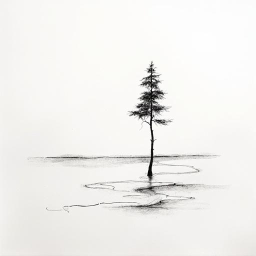 Monochrome minimalist sketch. Delicate ink lines on textured paper. Serenity expressed through the representation of a single tree in an open space.