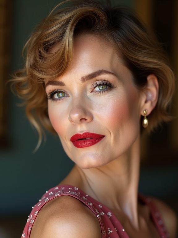 Close-up image of a mature woman with short hair. She has striking green eyes and red lipstick. The makeup is flawless. Soft lighting highlights her features. Elegant pose.