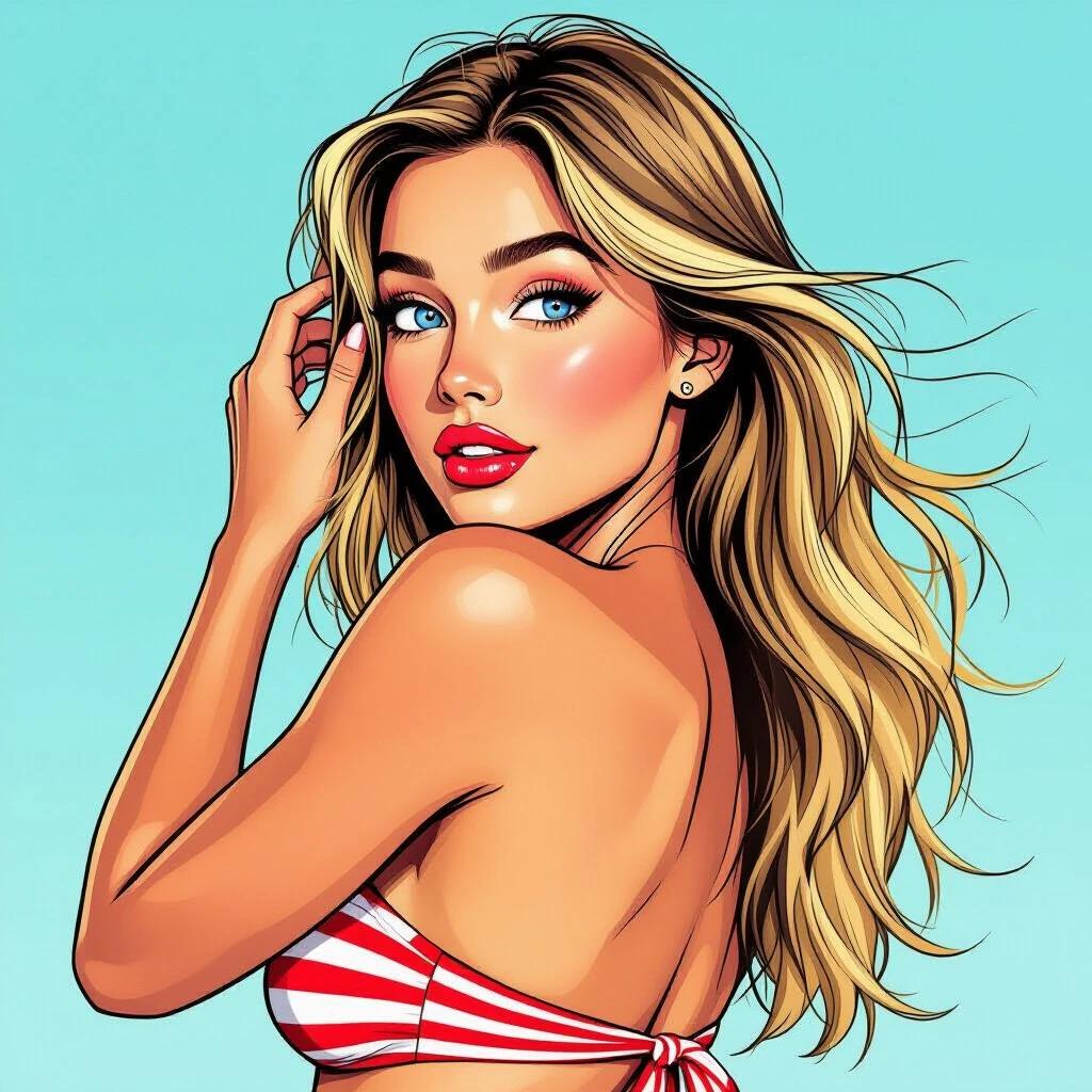 Portrait of a 19-year-old woman. She has bright blue eyes. Long straw-blonde hair blows in the wind. Mouth slightly open. Wearing a red and white striped strapless swimsuit top. Brushing a strand of hair from her face. Drawing style is semi-realistic with bold contour lines.