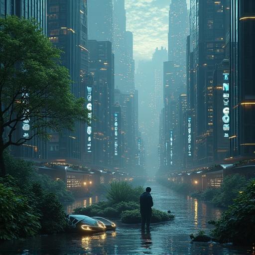 Futuristic scene depicting AI technology in a well-structured corporate environment. Emphasis on a glowing AI head with intricate details. Suggests harmony between humans and technology.