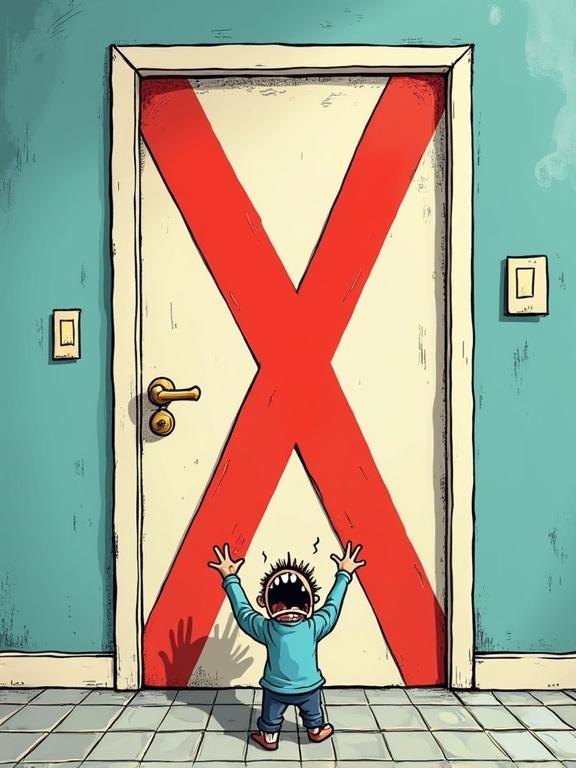 Cartoon depicting a bathroom door marked with a red X. Child stands before it, showing emotional reaction. Surrounding elements include humorous stink lines. Style is bold and colorful.