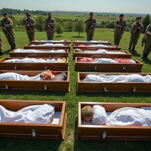 Bodies of children lie in caskets. Soldiers are performing a rifle salute. Caskets are closed and open. Officers are present with arms. Scene reflects loss in a green landscape.