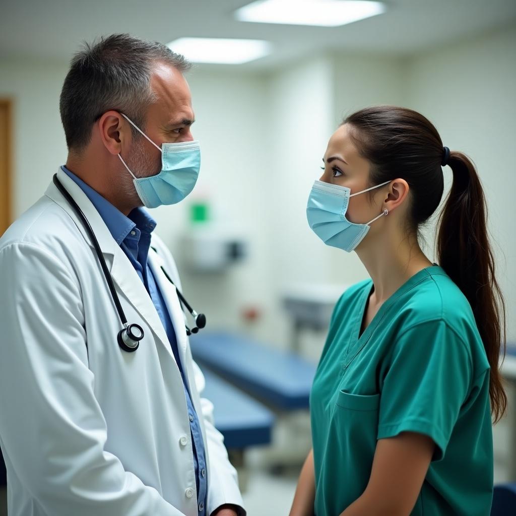 In a clinical setting, doctor in white coat with stethoscope and mask. Nurse dressed in green scrubs involved in serious discussion. Hospital background with medical equipment. Bright clinical lighting enhances professional atmosphere.