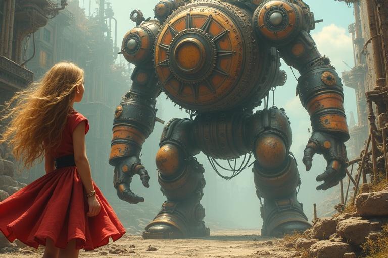 A scene with a young girl in a red dress. She has golden hair. She looks up at a large steampunk automaton. The automaton is detailed with cogs and gears. The background shows a mechanical world. The atmosphere is adventurous and imaginative.