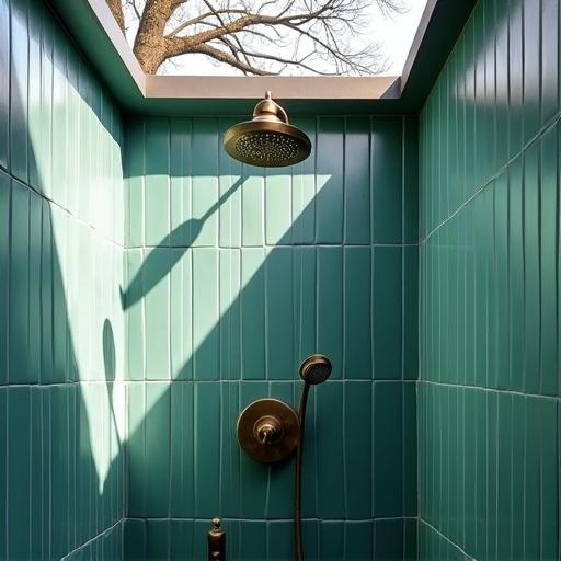 Mid-angle scene showing modern shower with teal tiles. Bronze shower head and handheld unit are visible. Natural light enters from skylight. Tree branches visible through skylight.