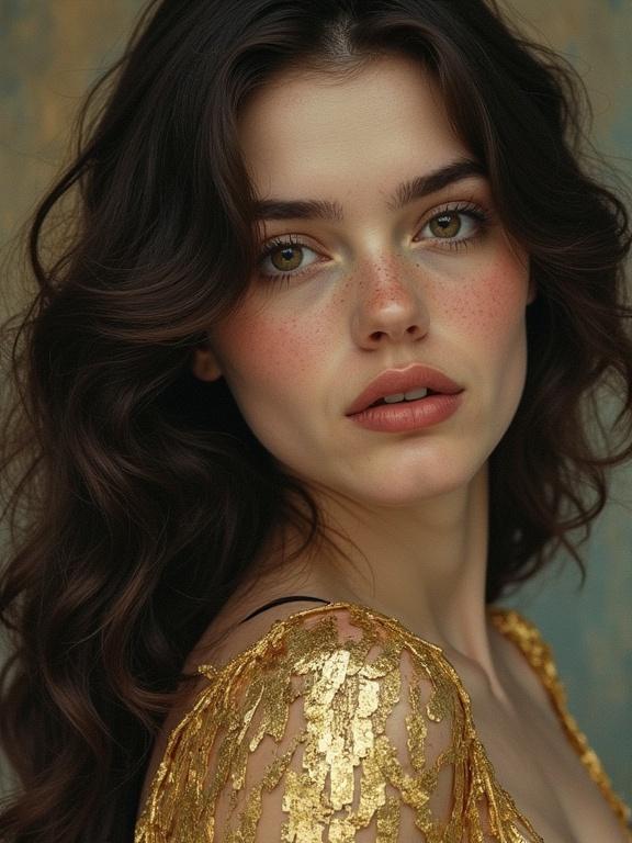 Stylish close-up portrait of a brunette female in a gold leaf dress with soft edges and natural lighting. The subject gazes directly at the camera, displaying a classic beauty with an idealized look. Textured background complements the harmonious color scheme.