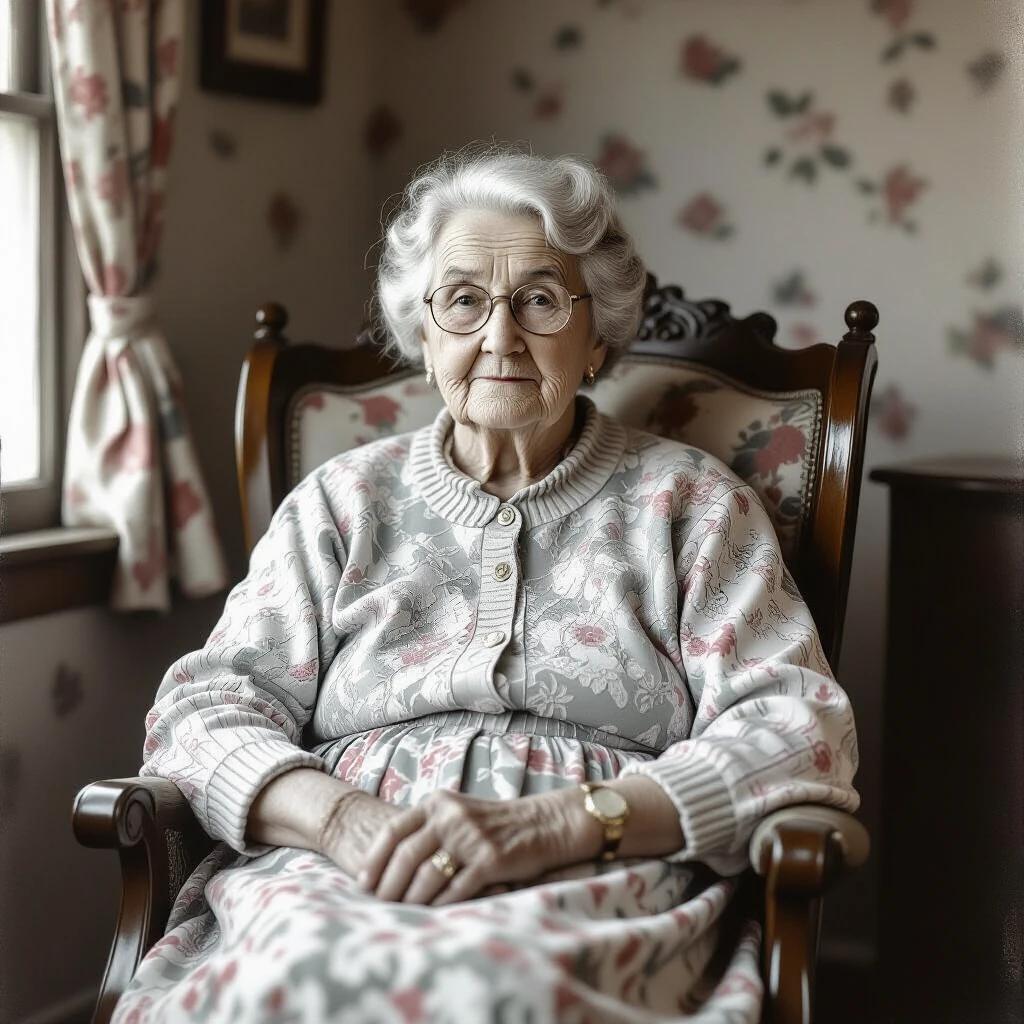 An elderly woman sits in a vintage chair. She wears a floral patterned sweater. The room has floral wallpaper. Natural light comes from the window.