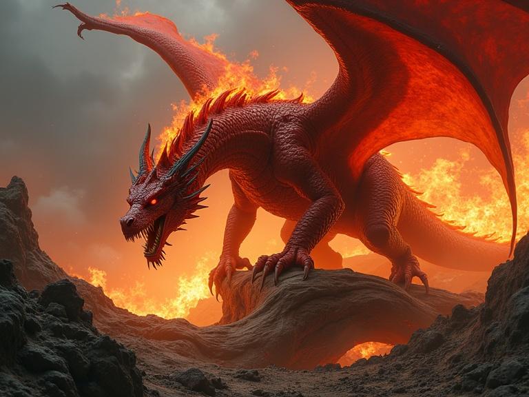 A hyperrealistic wide, low-angle shot showcasing a terrifying red dragon. The dragon stands on fractured branches of an aged tree with powerful legs on rugged rocks. It unleashes fire illuminating the ground below. Chiaroscuro lighting enhances the details of the dragon and its fierce expression. The perspective emphasizes the dragon's imposing stature.