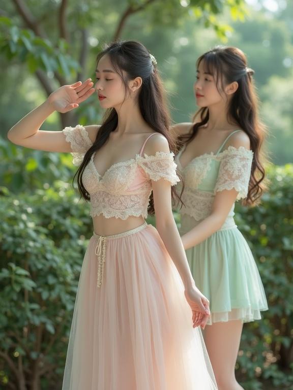 Two young Chinese ladies in pastel-colored outfits speak to each other. Both adorned in lace with sweetheart necklines and off-the-shoulder designs. One wears a pink flowing skirt while the other sports a mint green dress. Their long hair is tied back. Soft, natural light enhances the delicate lace details. The scene is lush with greenery in the background. They appear serene and graceful. Vintage fairytale feel in attire.