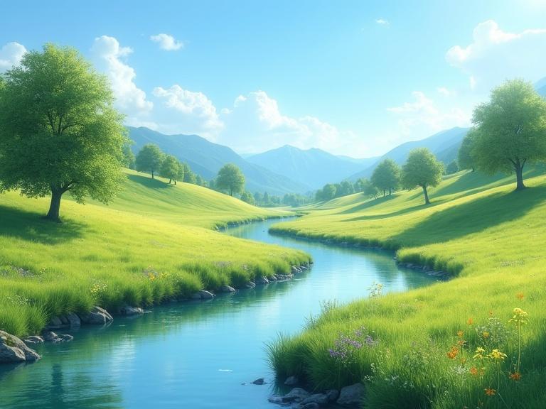 A peaceful temperate landscape featuring a clear river winding through green meadows and gentle hills under a bright blue sky with a few scattered clouds. Trees with full foliage line the riverbanks and wildflowers dot the grassy fields. Calm serene atmosphere ultra-realistic style
