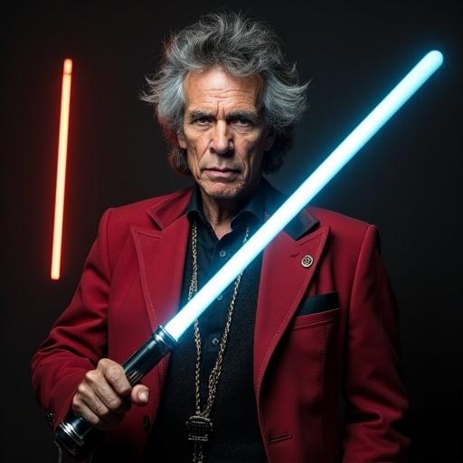 Man dressed in red suit holding a lightsaber. Dramatic lighting enhances the scene's intensity.