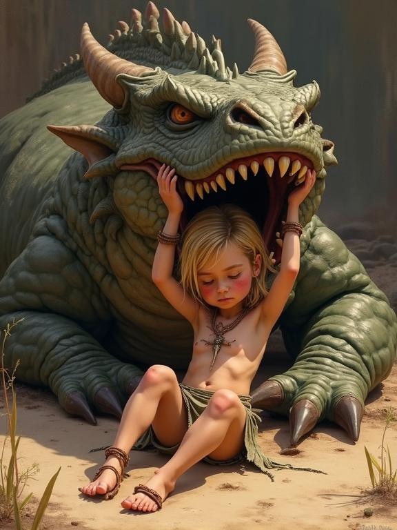 Dreamworks inspired fantasy scene. Petite tired warrior girl lying in dust beside a friendly dragon. Dragon has open mouth and sharp teeth. Girl has tanned skin and tattered loincloth. Atmospheric postapocalyptic environment.