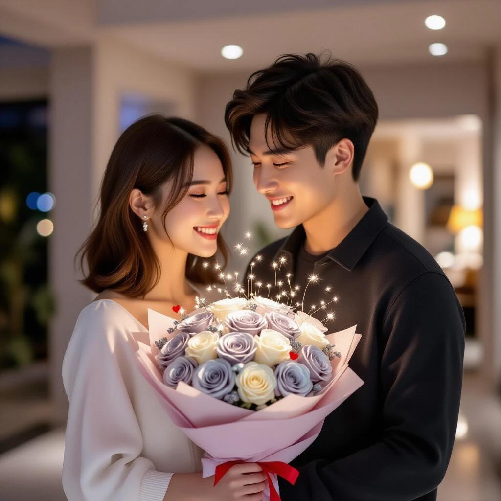 A young couple smiles shyly while looking at each other. The man has tousled dark brown hair and a charcoal jacket. The woman has medium length straight brown hair and a white dress. They are in a large home at night with a romantic vibe. The man embraces the woman from behind. She holds a small bouquet of glowing silver and ink roses with hovering white particles. The bouquet is wrapped in light purple with a black ribbon and red heart.