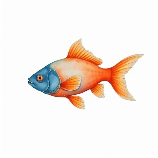 Watercolor illustration depicting an orange and blue fish swimming across a blank background.