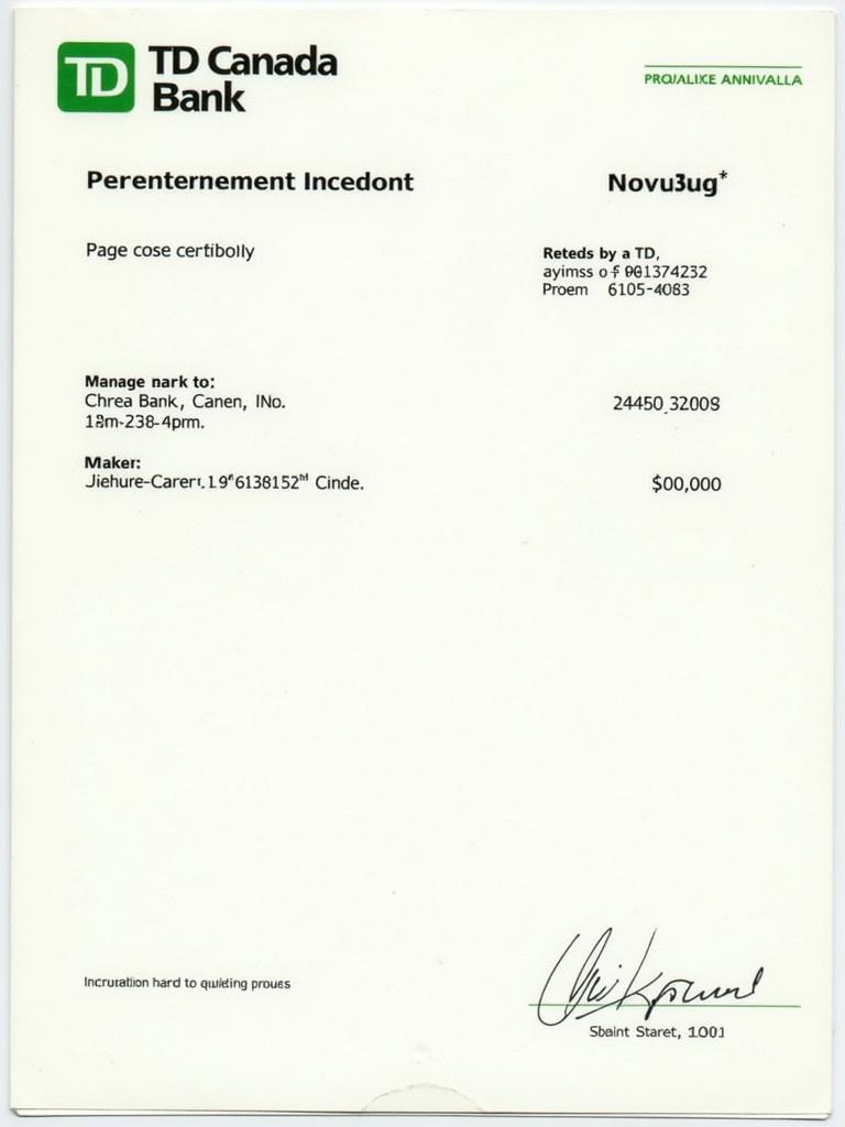 TD Canada Bank receipt displays transaction details. Payment amount is $100,000. Receipt contains bank logo. Provides essential information for financial tracking.