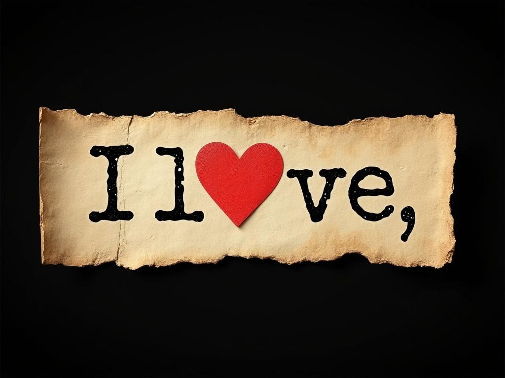 Create an image of an old rustic paper strip. On the strip, write the phrase 'I love' with a red heart. The paper should have a textured and slightly worn appearance, resembling vintage craft paper. Ensure that the letters are bold and legible against the background. The strip should be centered with a simple black backdrop to highlight the paper and the text.