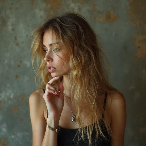A blonde woman with long hair posing thoughtfully. She is pointing in a direction with one hand while looking sideways. The background has a textured, vintage appearance.