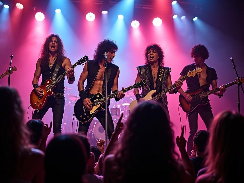 There are four rockstar band members performing on stage in a glam rock style. The band has a vibrant atmosphere with bright lights illuminating the scene. Each member has a unique and extravagant outfit that reflects the glam rock aesthetic. One member plays the guitar passionately, while another is singing energetically into a microphone. The drummer in the back is keeping an upbeat rhythm, and the bassist adds depth to the sound. The audience is engaged and cheering, creating an electrifying environment.