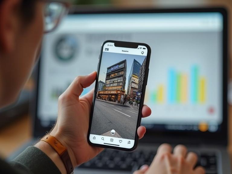 Person looking at smartphone showing local business photo. Laptop in background with growth charts displayed. Warm lighting and neutral tones.