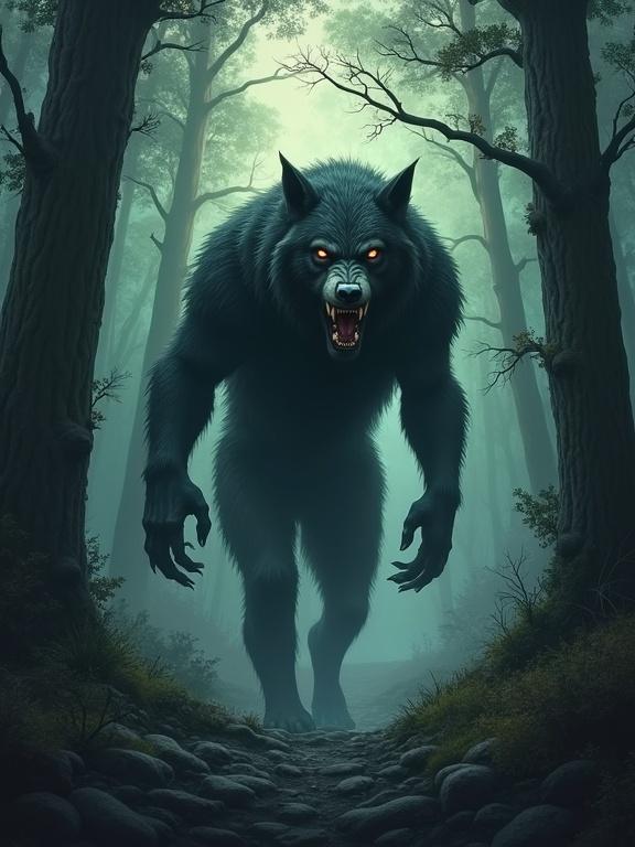A werewolf stands in a dark, misty forest. The creature is large with glowing eyes. Trees surround the path ominously. The atmosphere is eerie and suspenseful.
