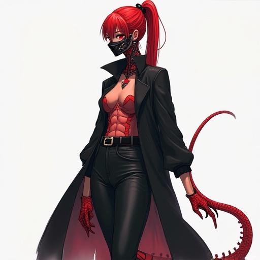 Tall woman with slender figure. Wearing open black coat with a belt tied at waist and dark tight pants. Has a red lizard tail. Red scales on hands and neck. Wears a mask covering nose and mouth. Sharp red eyes with snake pupils. Hair tied in a ponytail. Includes a small reservoir with red liquid and a tube going to the mask. Detailed design. Anime style.